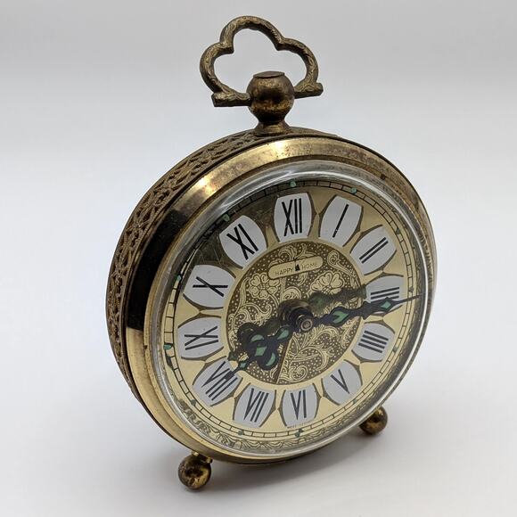 Vintage Gold Tone Happy Home Alarm Clock Filigree West Germany Luminous - *As Is - Picture 2 of 8